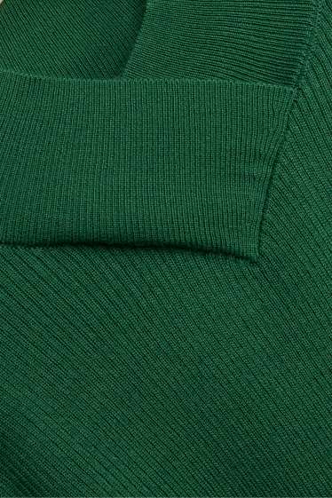Damen - Pullover mit V-Ausschnitt - gerippt - Woll-Mix - dunkelgrün
