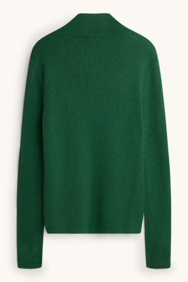 Damen - Pullover mit V-Ausschnitt - gerippt - Woll-Mix - dunkelgrün