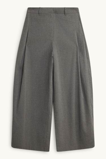 Dámské - Plátěné kalhoty - high waist - barrel leg - šedá-žíhaná