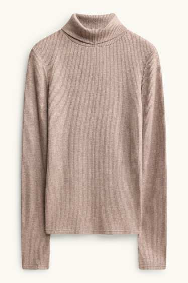 Women - Turtleneck top - ribbed - light brown