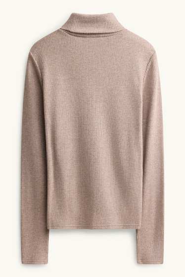 Women - Turtleneck top - ribbed - light brown