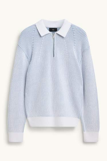 Heren - Trui - geribd - blauw / wit