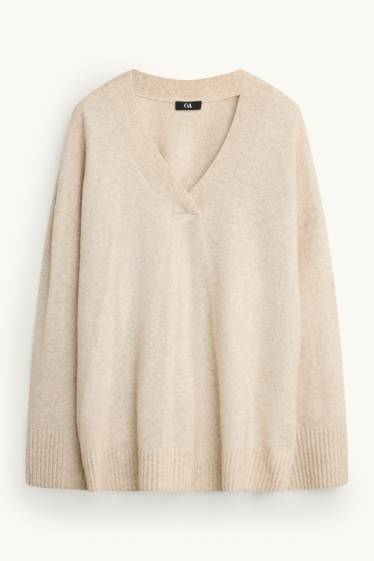 Femmes - Pull avec encolure en V - beige chiné