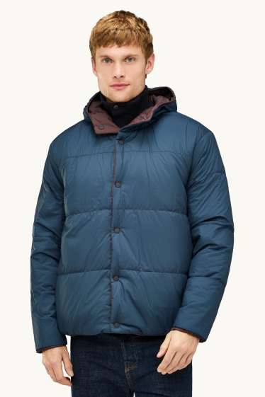 Hommes - Doudoune réversible avec capuche - doublée - finition déperlante - marron / bleu foncé