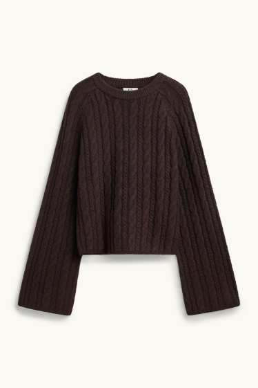 Women - Jumper - cable knit pattern - dark brown