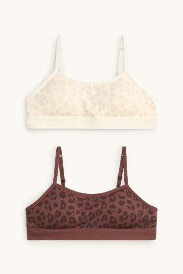 Kinderen: meisjes - Set van 2 - bustier - gewatteerd - naadloos - opgedrukt luipaardvel - beige / bruin