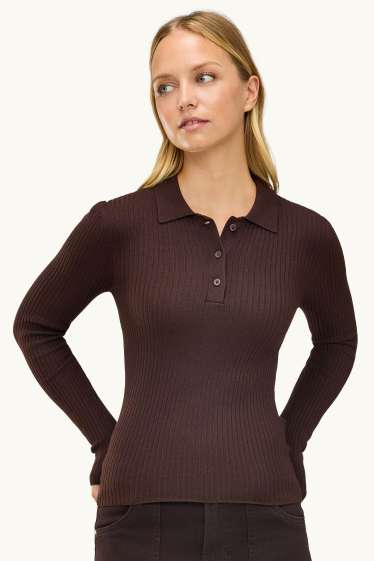 Dames - Poloshirt met lange mouwen - slim fit - ribstof - bruin