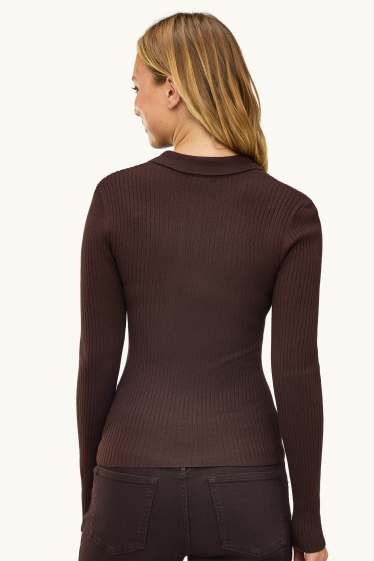 Dames - Poloshirt met lange mouwen - slim fit - ribstof - bruin
