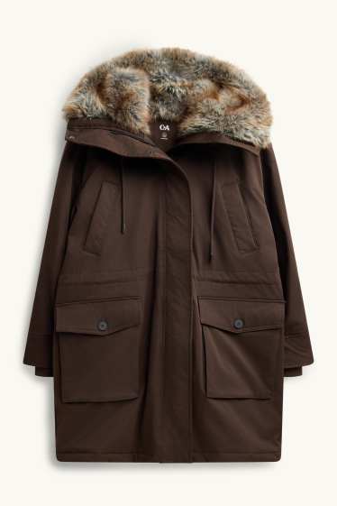Femmes - Parka avec capuche et garniture en imitation fourrure - finition déperlante - marron foncé