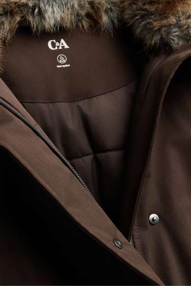 Femmes - Parka avec capuche et garniture en imitation fourrure - finition déperlante - marron foncé
