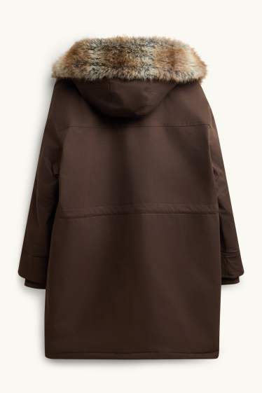 Femmes - Parka avec capuche et garniture en imitation fourrure - finition déperlante - marron foncé