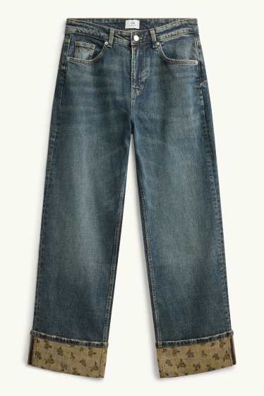 Women - Baggy jeans - mid-rise waist - floral - blue denim