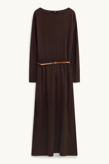 Donna - Vestito in maglia con cintura - straight fit - marrone scuro