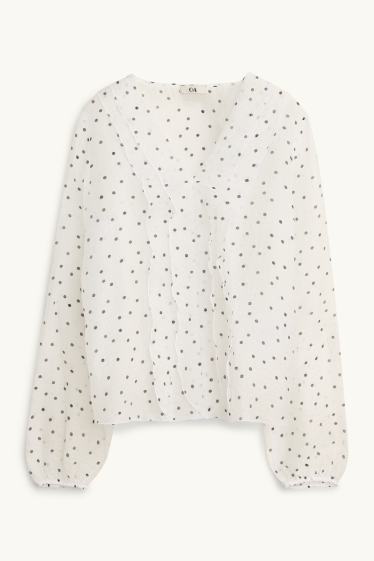 Women - Chiffon blouse with V-neck - polka dot - white / black