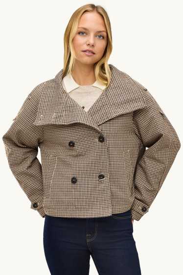 Damen - Crop Trenchcoat - kariert - beige