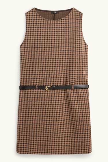Women - Dress with belt - straight fit - check - brown