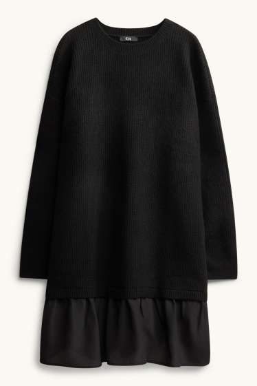 Women - Knitted dress - ribbed - 2-in-1 look - black