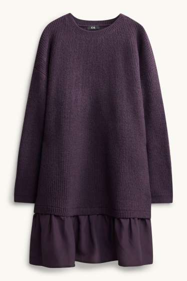 Women - Knitted dress - ribbed - 2-in-1 look - violet