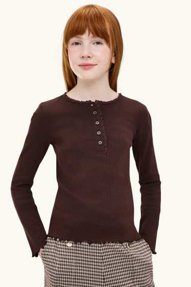 Kinder Mädchen - Pointelle-Langarmshirt - dunkelbraun