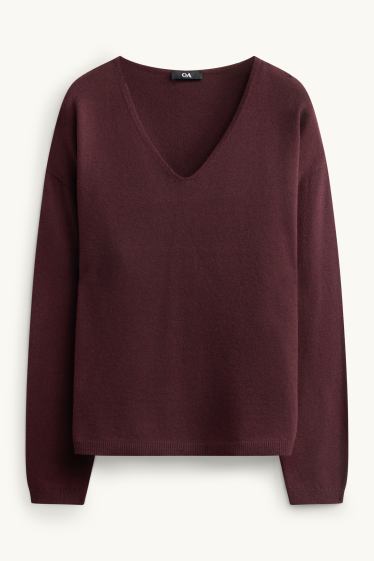 Femmes - Pull avec encolure en V - bordeaux