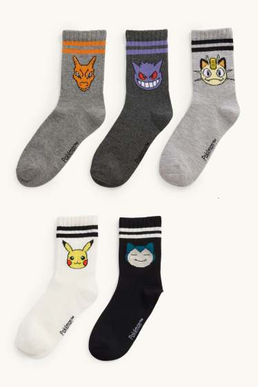 Enfants garçons - Lot de 5 paires - Pokémon - chaussettes à motif - blanc / gris