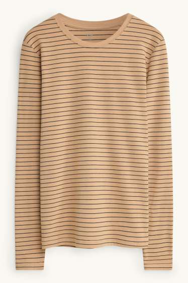Dames - Longsleeve - slim fit - gestreept - beige / blauw