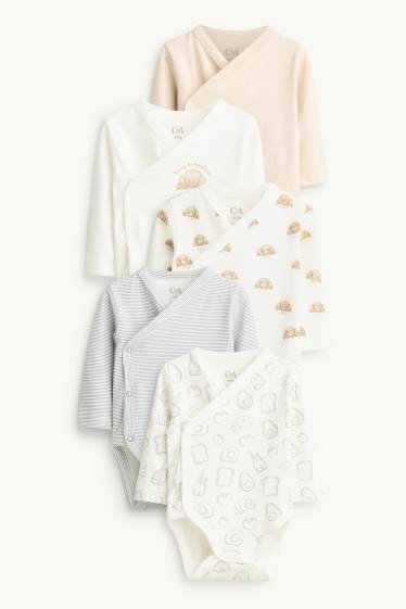 Unisex - Multipack of 5 - breakfast and croissant - wrapover baby bodysuit - beige / blue