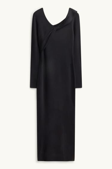 Damen - Strickkleid mit V-Ausschnitt - Straight Fit - gerippt - schwarz