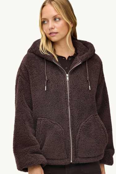Damen - Teddy-Jacke mit Kapuze - dunkelbraun