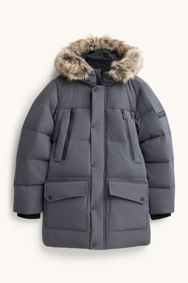 Children Boys - Quilted down jacket with faux fur trim and hood - lined - dark gray