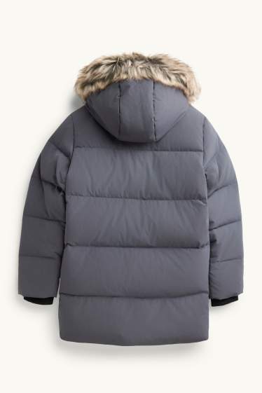 Children Boys - Quilted down jacket with faux fur trim and hood - lined - dark gray
