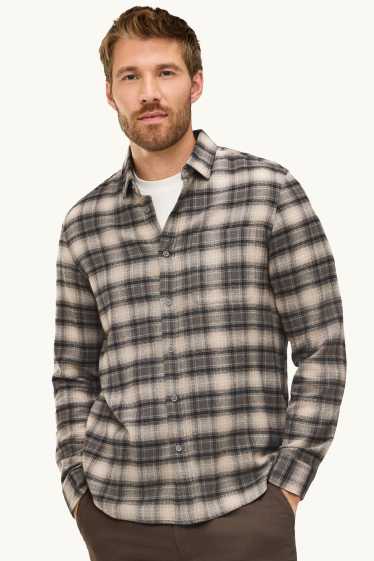 Pánské - Košile - regular fit - kent - kostkovaná - šedá/hnědá