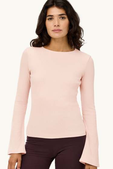 Dames - Longsleeve - slim fit - geribd - lichtrose