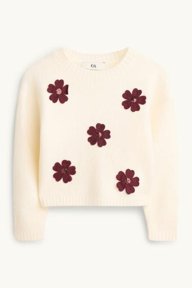 Kinder Mädchen - Blume - Set - Pullover, Pailletten-Rock und Strumpfhose - cremeweiß