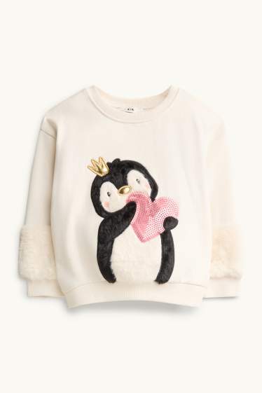 Copii - Fete - Pinguin și inimă - bluză de molton - aspect lucios - alb-crem
