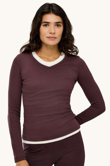 Donna - Maglia a maniche lunghe con scollo a V - slim fit - bordeaux