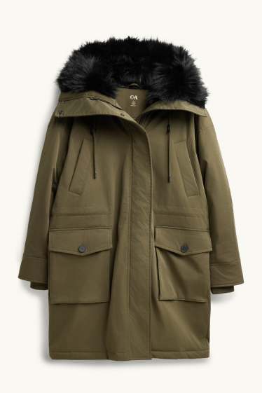 Femmes - Parka à capuche avec une garniture en imitation fourrure - déperlante - kaki