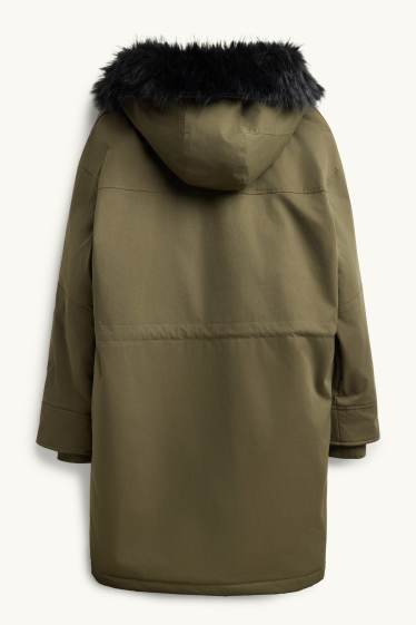 Femmes - Parka à capuche avec une garniture en imitation fourrure - déperlante - kaki