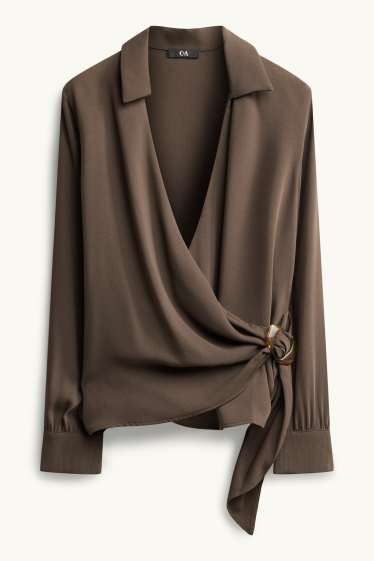 Dames - Satijnen wikkelblouse met geknoopt detail - donkerbruin
