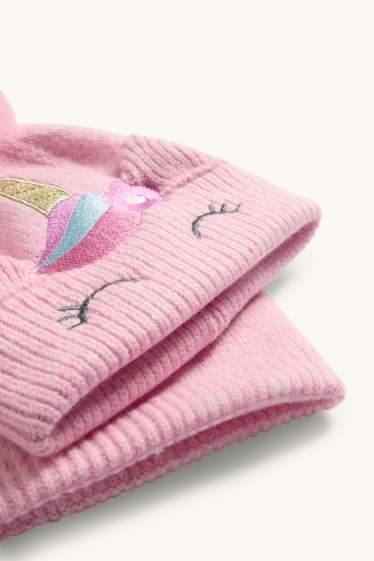 Kinder Mädchen - Einhorn - Set - Bommelmütze und Loop Schal - 2 teilig - rosa