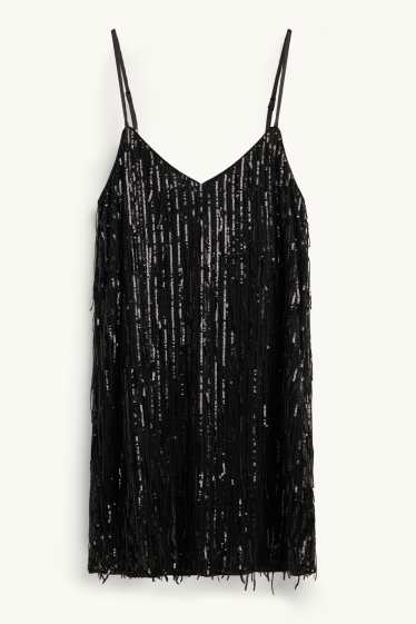 Women - Sequin dress with V-neck and fringing - straight fit - black / silver