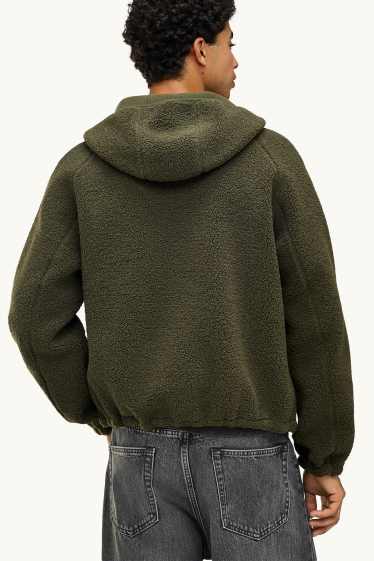Men - Teddy fur jacket with hood - dark green