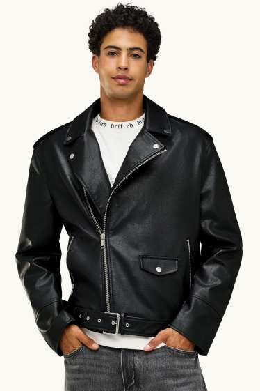 Home - Caçadora biker - pell sintètica - negre