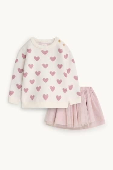 Baby: meisjes - Hartje - baby-outfit - 2-delig - glanseffect - wit / fuchsiarood