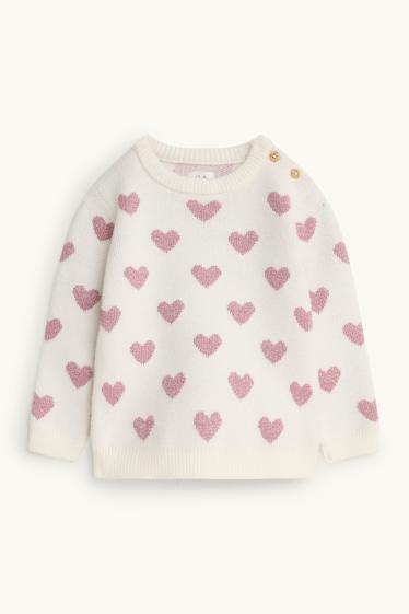 Baby: meisjes - Hartje - baby-outfit - 2-delig - glanseffect - wit / fuchsiarood