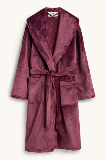 Femei - Halat de baie de fleece cu glugă - bordo