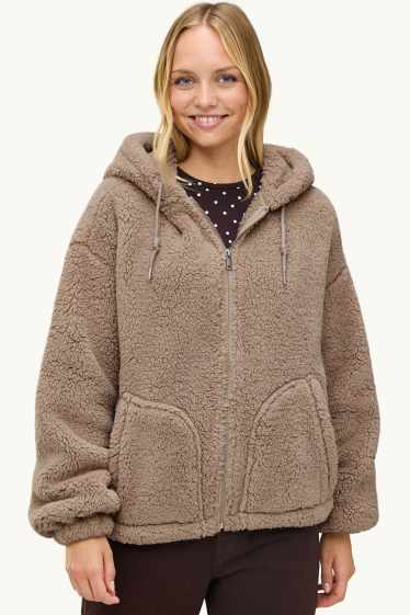 Femmes - Veste en peluche avec capuche - marron clair
