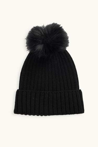 Kinderen: meisjes - Muts met pompon - ribstof - glanseffect - zwart