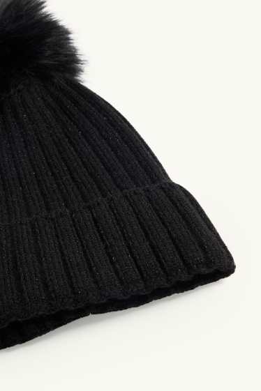 Kinderen: meisjes - Muts met pompon - ribstof - glanseffect - zwart