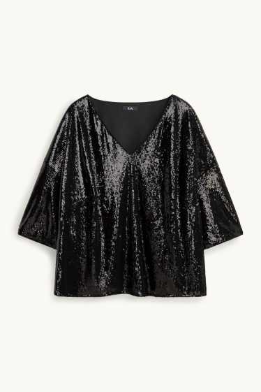 Dames - Blouse met pailletten en V-hals - zwart / zilver